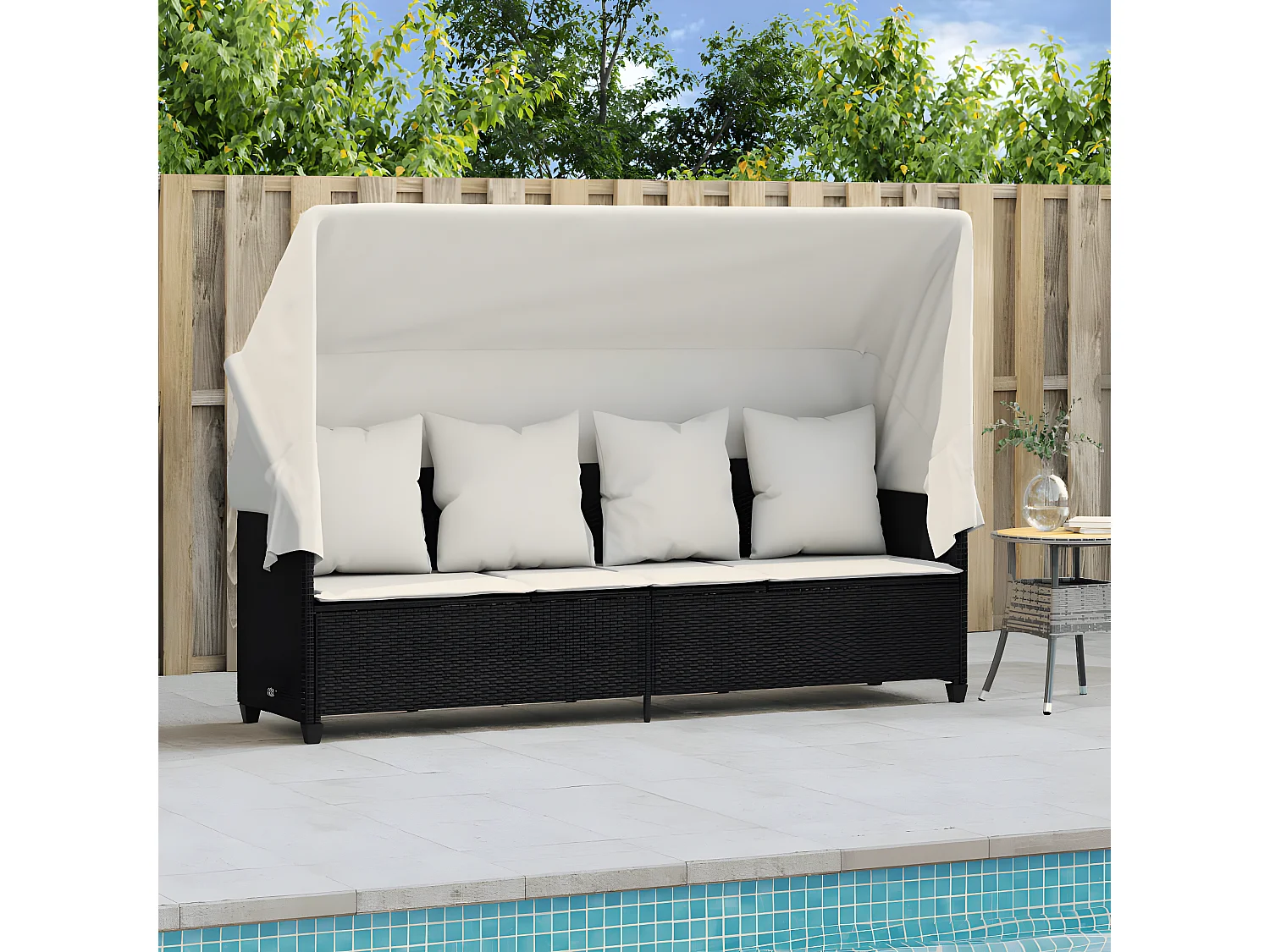 Bain de soleil avec auvent et coussins noir résine tressée FR40839