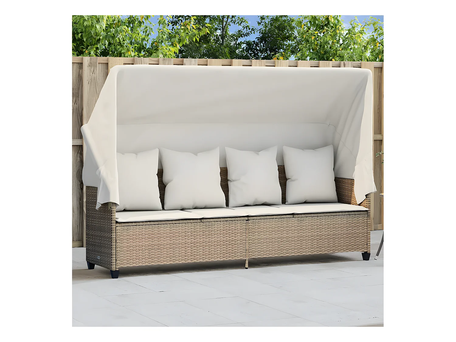 Bain de soleil avec auvent et coussins beige résine tressée FR32371