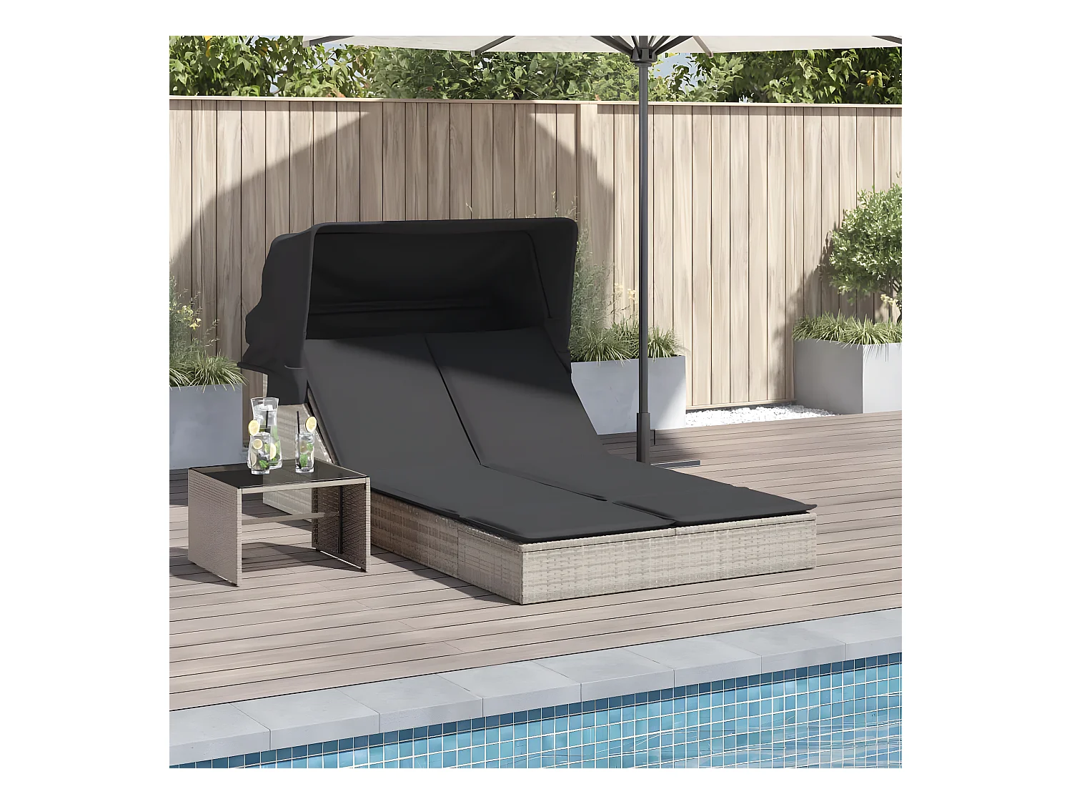 Bain de soleil double avec auvent et coussins gris clair rotin FR77884