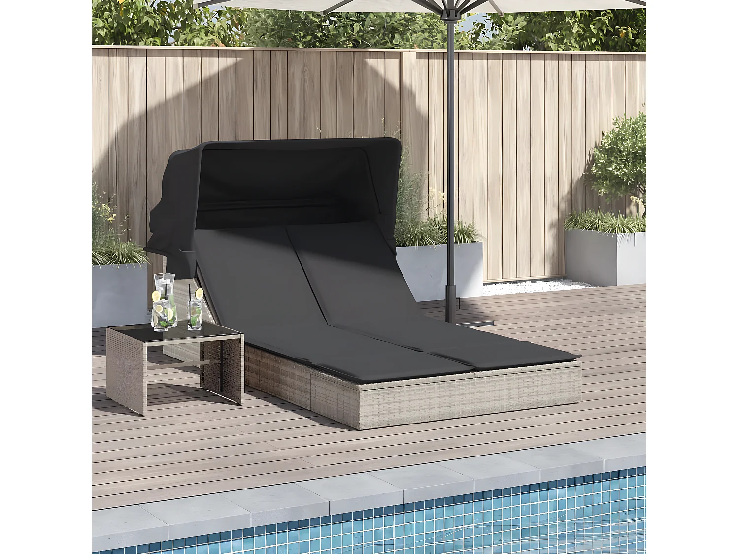 Bain de soleil double avec auvent et coussins gris clair rotin FR77884