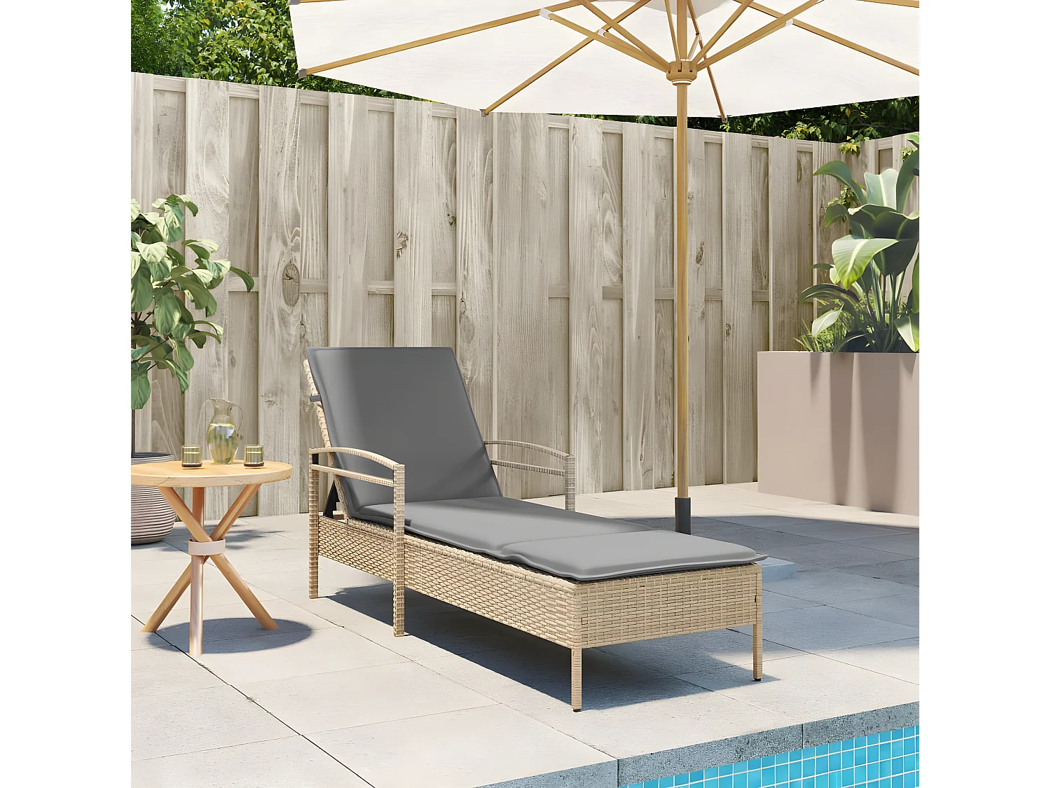 Tumbona con cojín ratán sintético beige 63x200x81 cm ES979389