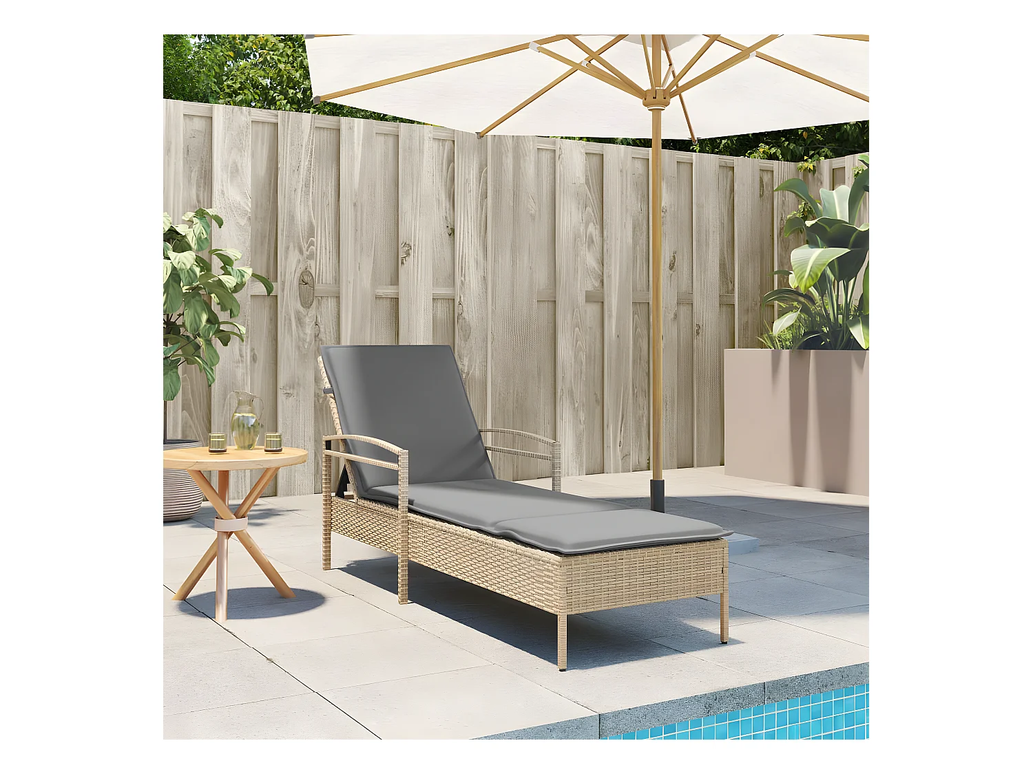 Bain de soleil avec coussin beige 63x200x81 cm résine tressée FR36214