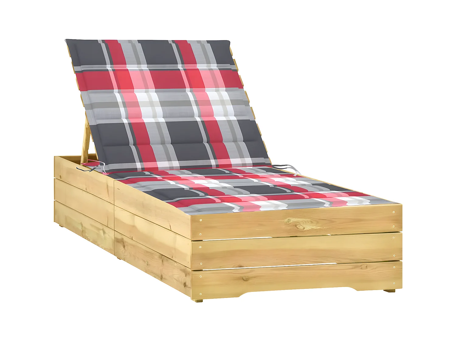 Bain de soleil avec coussin carreaux rouge Bois de pin imprégné FR33447