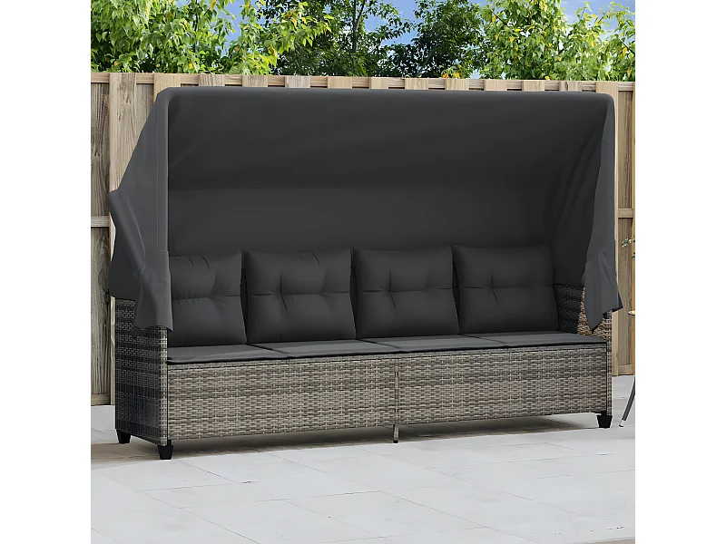 Bain de soleil avec auvent et coussins gris résine tressée FR43379