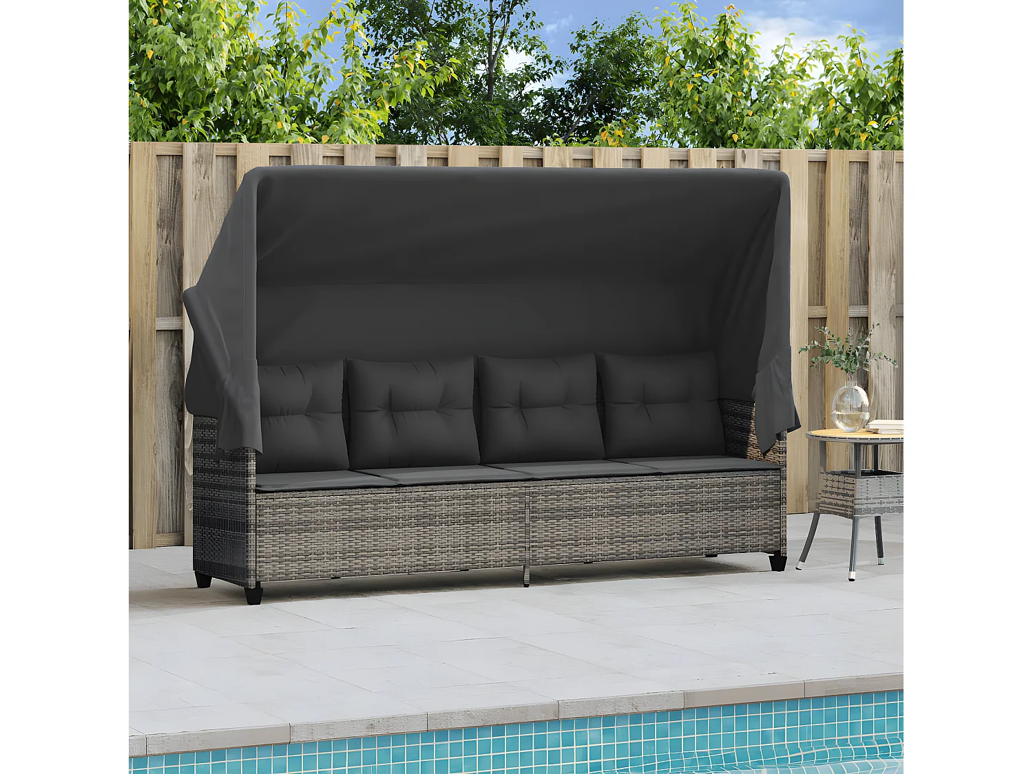 Bain de soleil avec auvent et coussins gris résine tressée FR43379