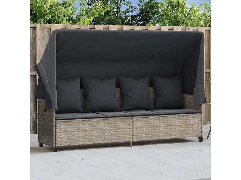 Bain de soleil avec auvent et coussins gris clair résine tressée FR61597