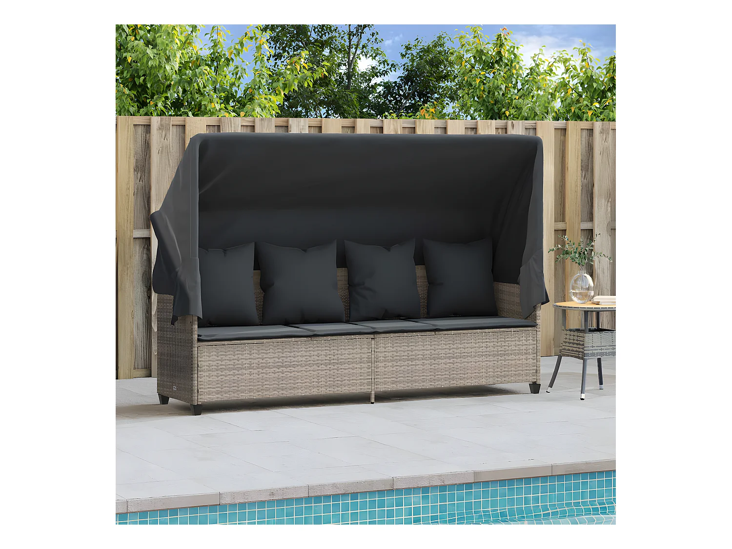 Bain de soleil avec auvent et coussins gris clair résine tressée FR61597