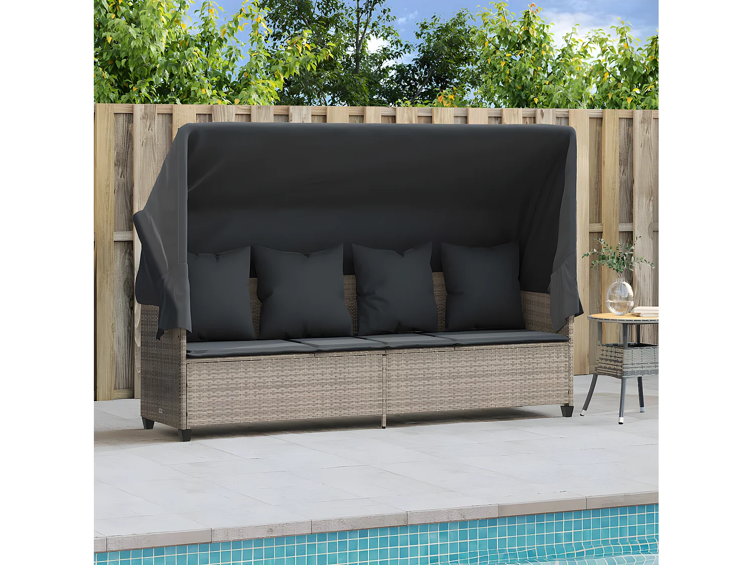 Bain de soleil avec auvent et coussins gris clair résine tressée FR61597