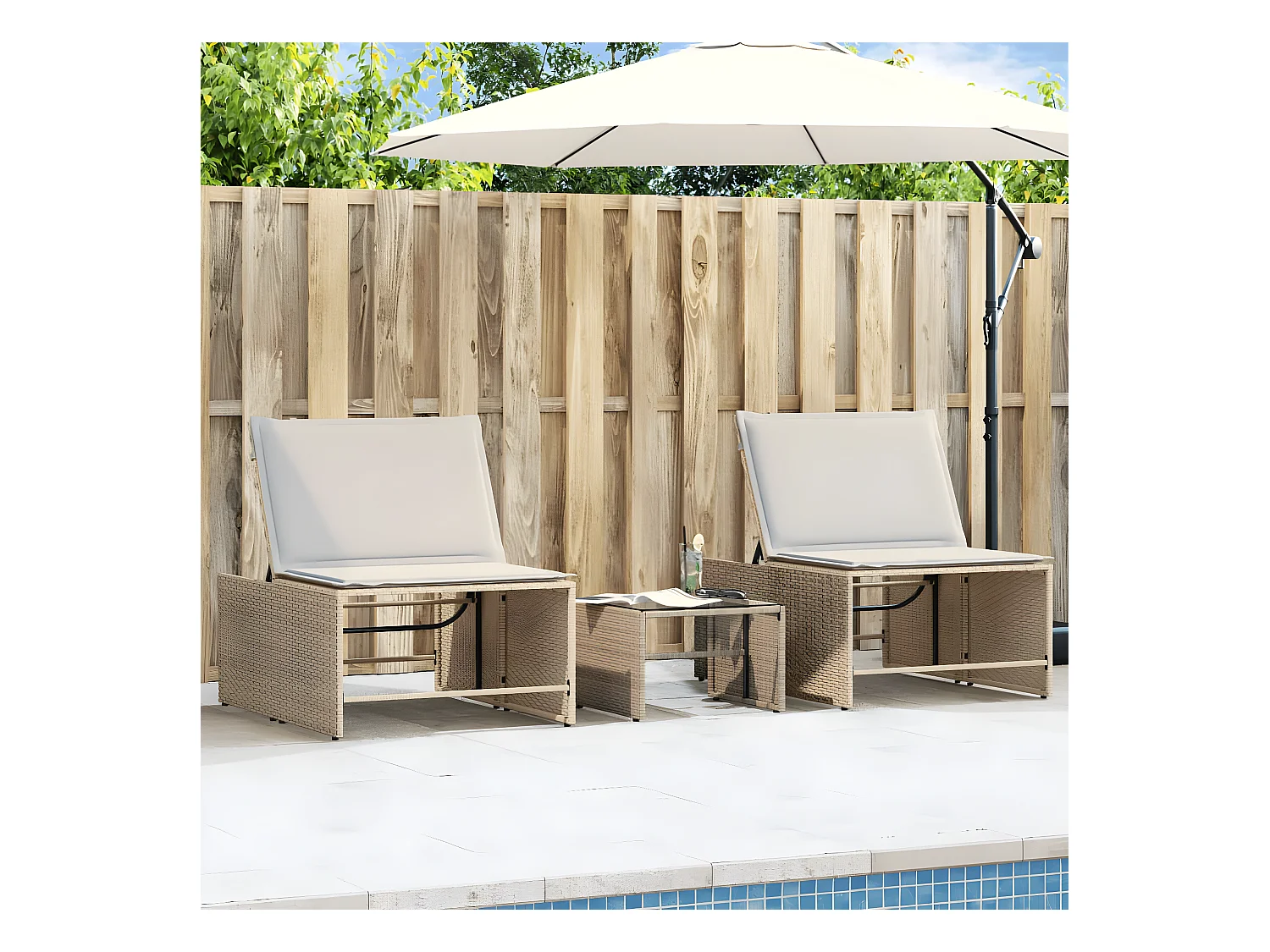 Lot de 2 Bains de soleil avec table beige résine tressée FR44268