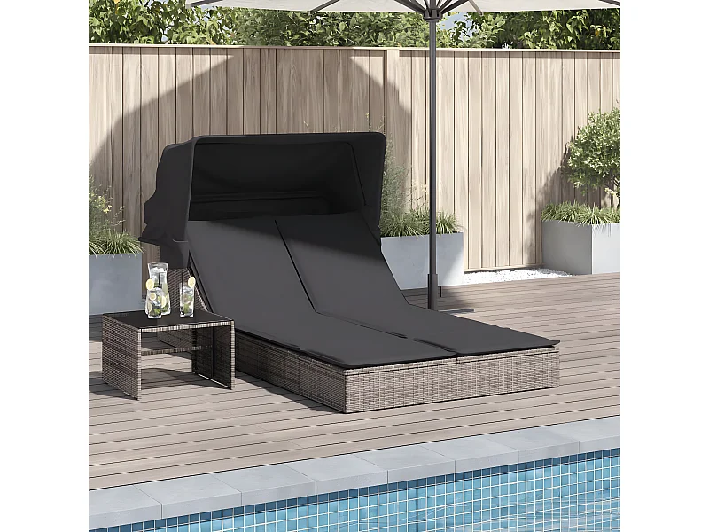 Ligbed 2-persoons met luifel en kussens poly rattan grijs BE596544