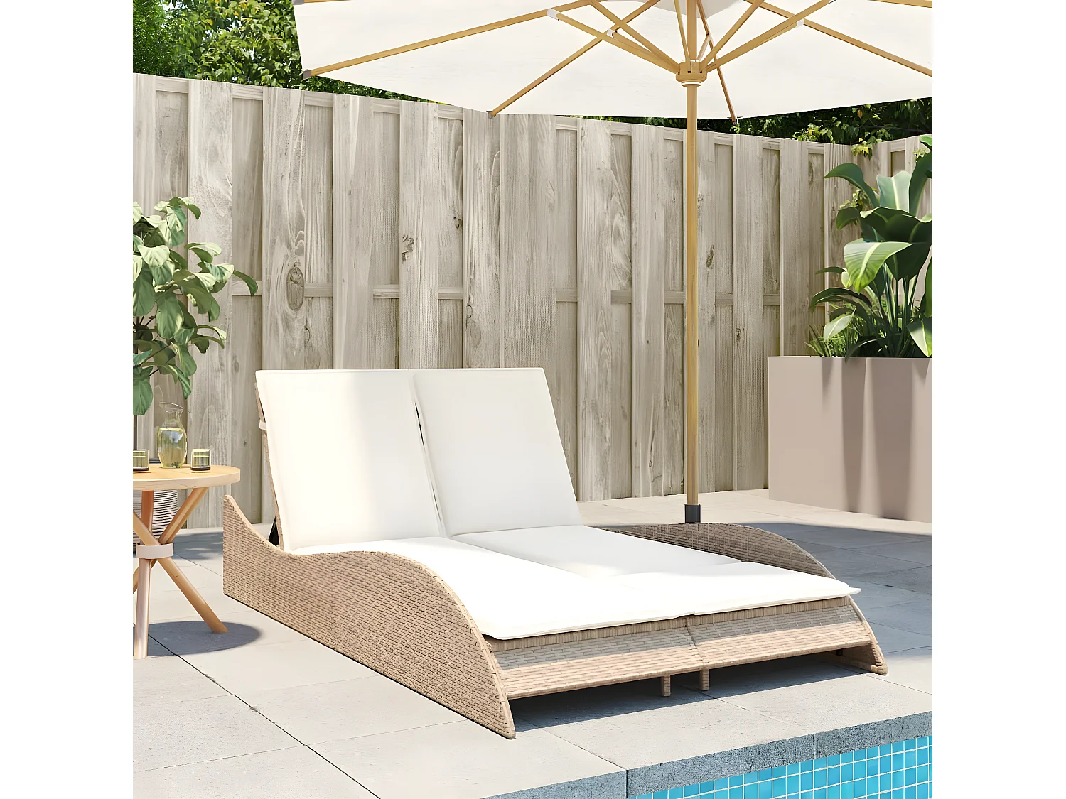 Bain de soleil avec coussins beige 114x205x73 cm résine tressée FR55848
