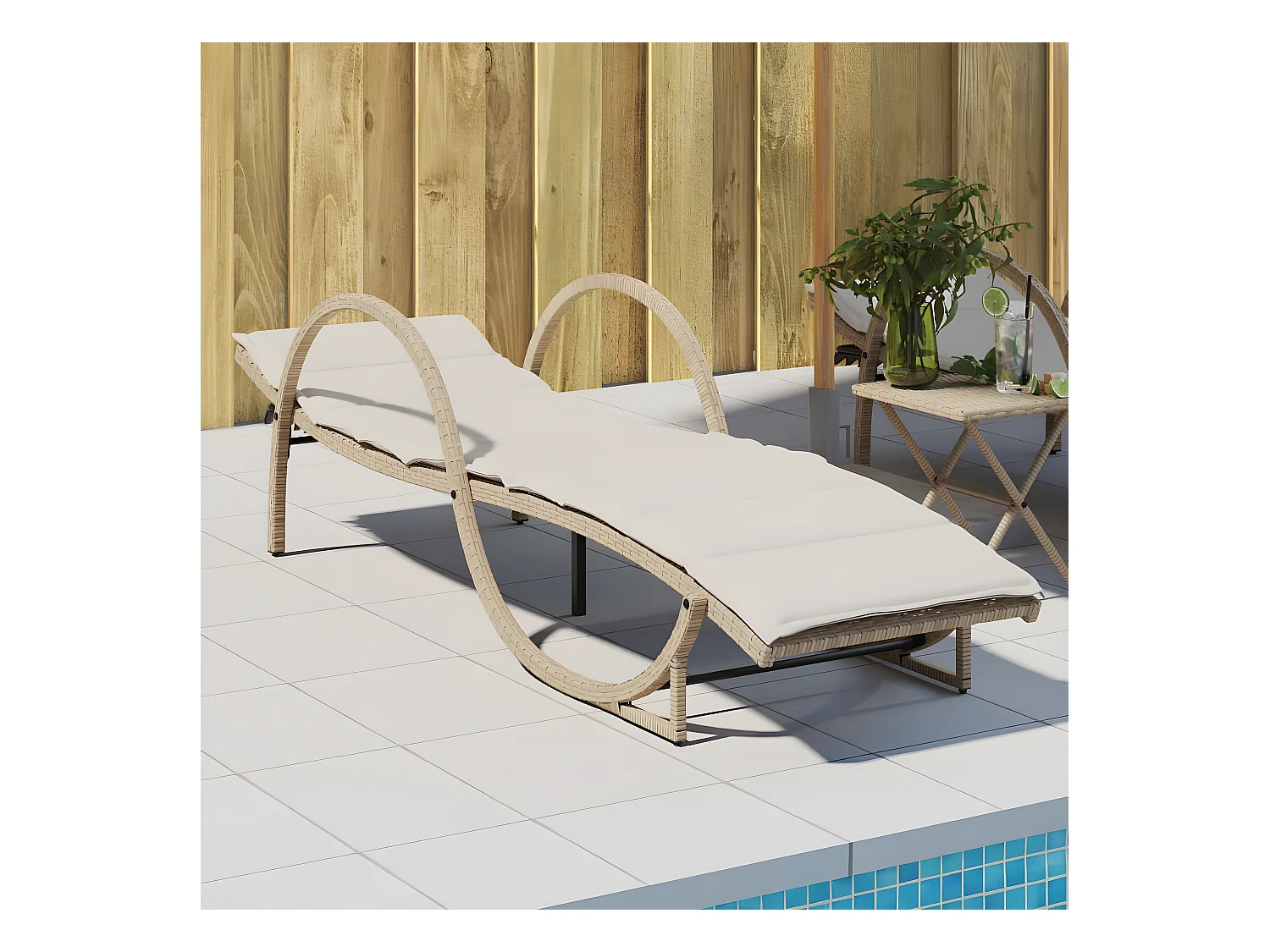 Bain de soleil avec coussin beige 60x199x42 cm résine tressée FR77303