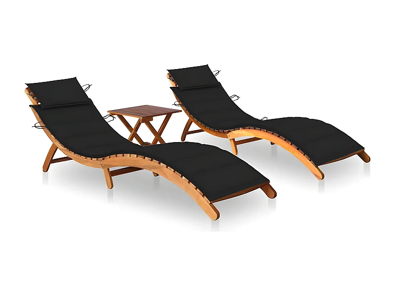 Lot de 2 Bains de soleil avec table et coussins Acacia solide FR41276