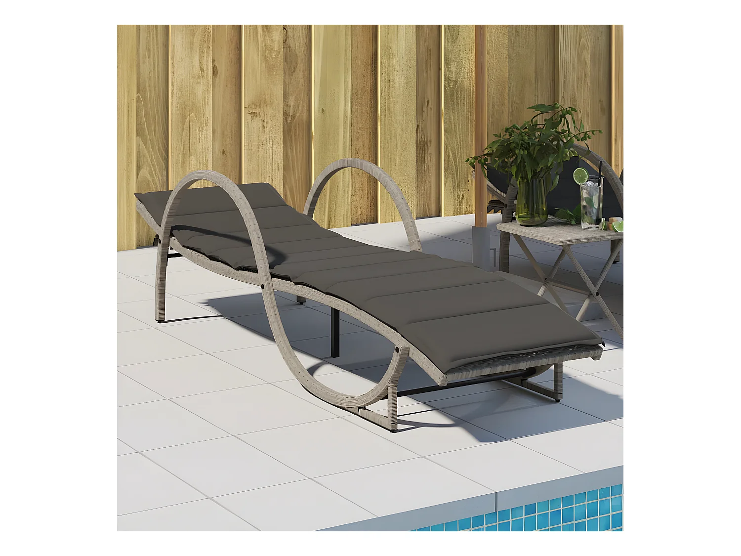 Bain de soleil et coussin gris clair 60x199x42 cm résine tressée FR80137