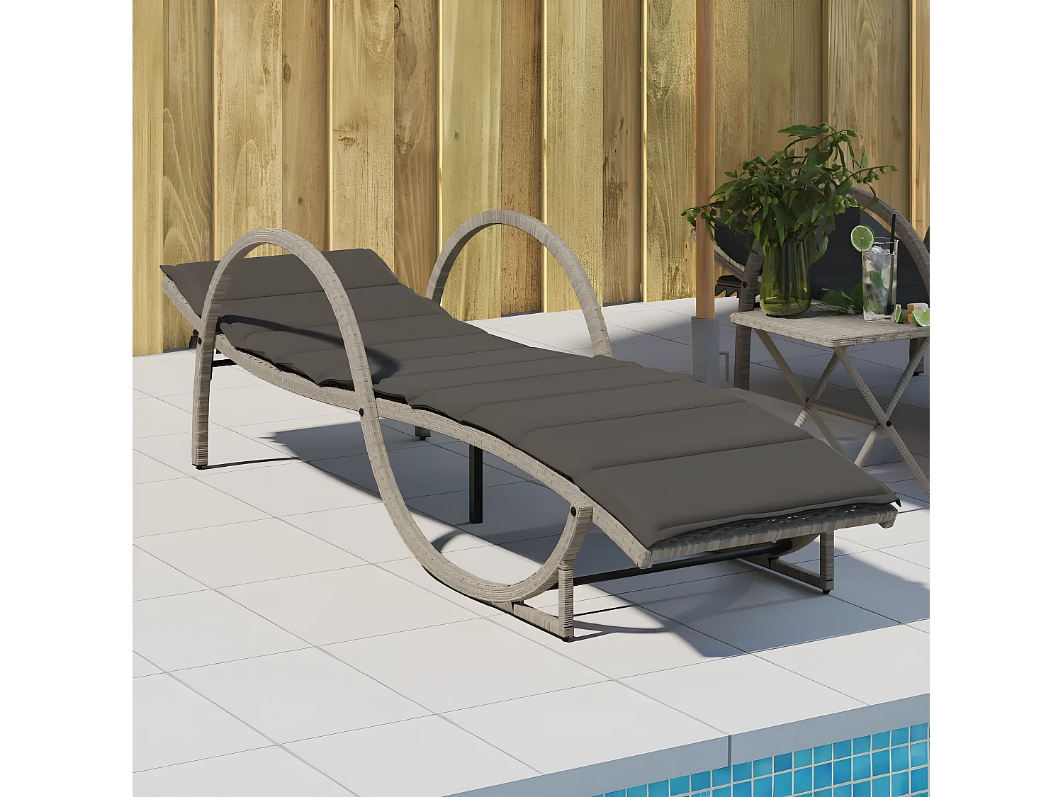 Bain de soleil et coussin gris clair 60x199x42 cm résine tressée FR80137