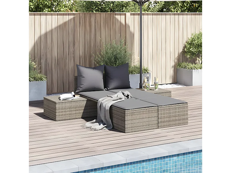 Bain de soleil double avec coussins gris résine tressée FR70401