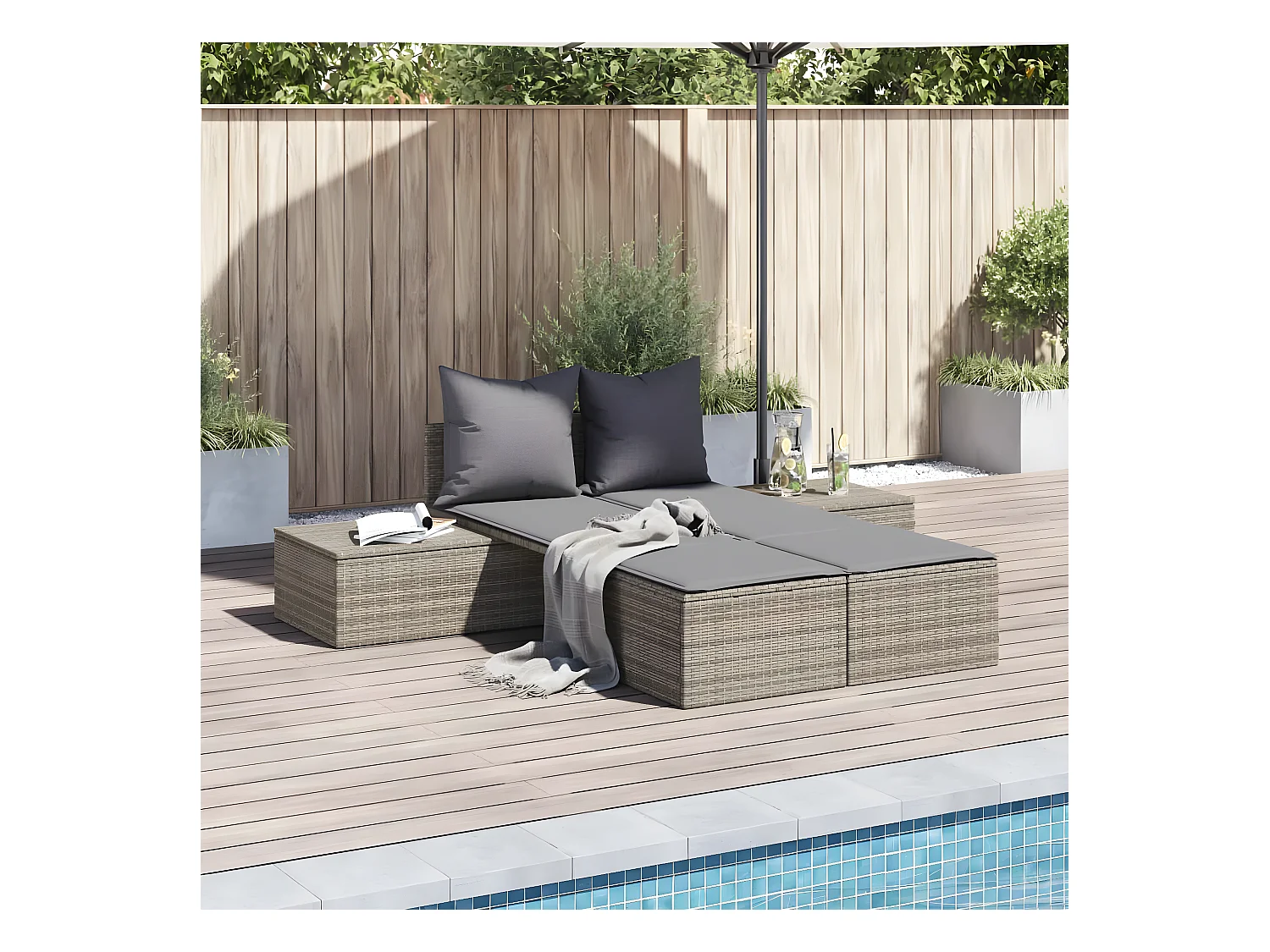 Bain de soleil double avec coussins gris résine tressée FR70401