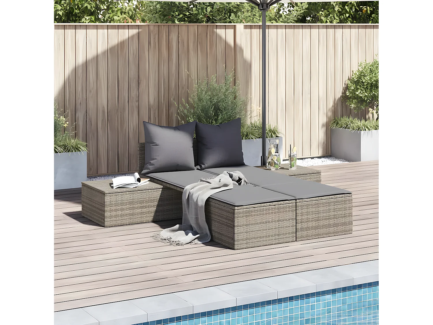 Bain de soleil double avec coussins gris résine tressée FR70401