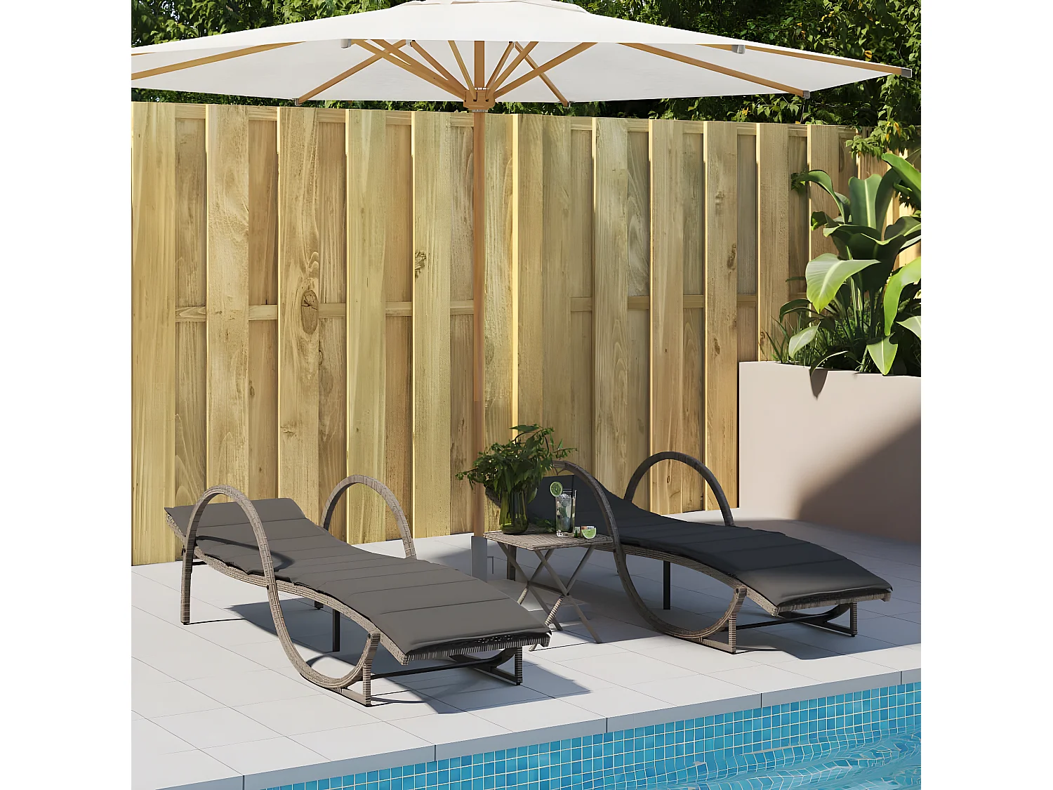 Bain de soleil avec coussin gris 60x199x42 cm résine tressée FR26499