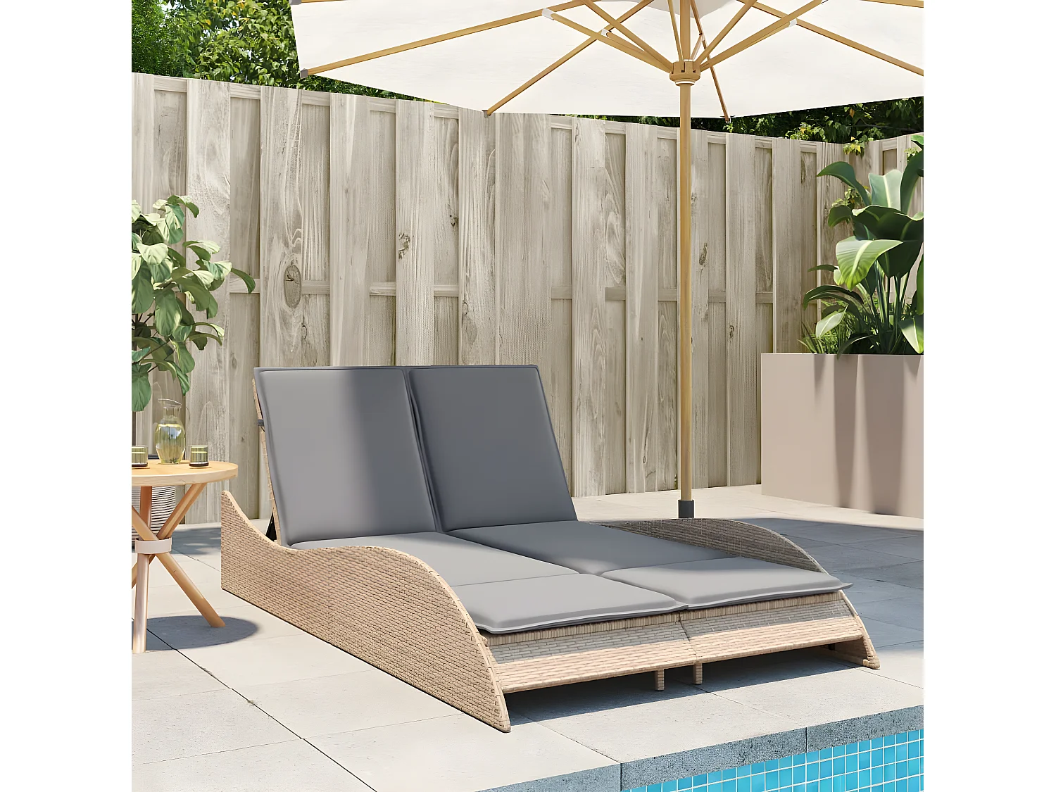 Bain de soleil avec coussins beige 114x205x73 cm résine tressée FR53575