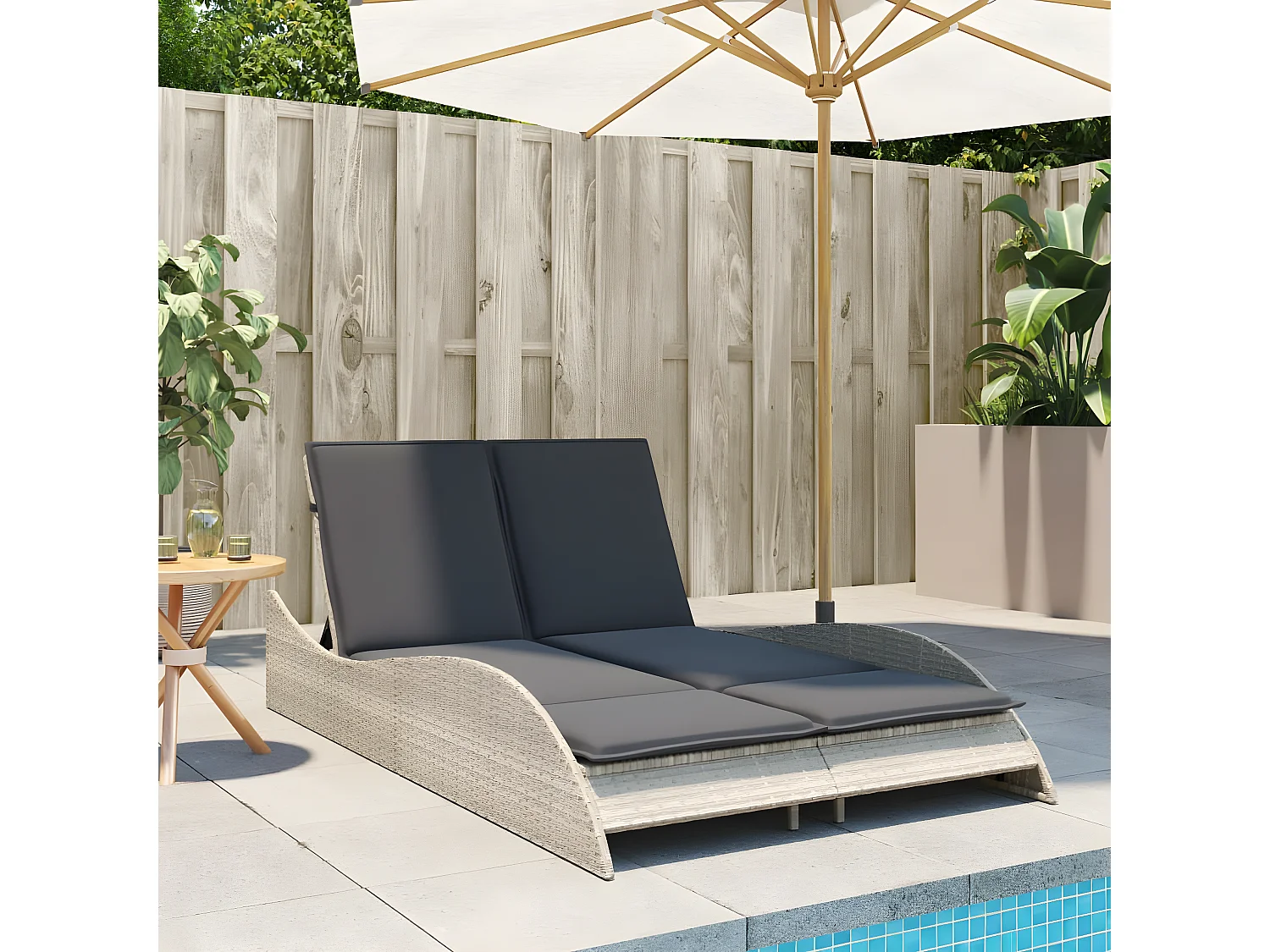 Bain de soleil avec coussins gris clair 114x205x73 cm poly rotin FR19025