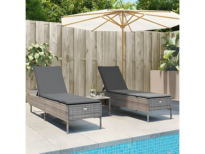 Ligstoelen 2 st met kussens poly rattan grijs BE258634