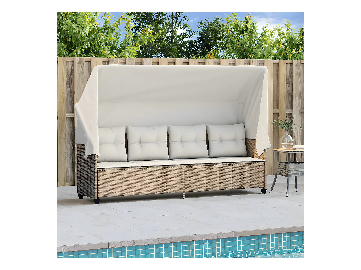 Bain de soleil avec auvent et coussins beige résine tressée FR26780