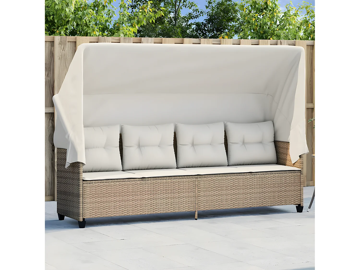 Ligbed met luifel en kussen poly rattan beige BE159220