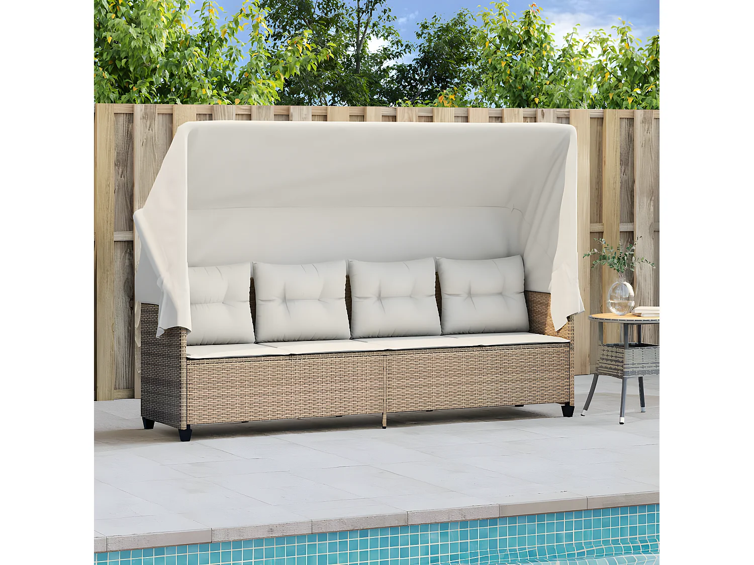 Ligbed met luifel en kussen poly rattan beige BE159220