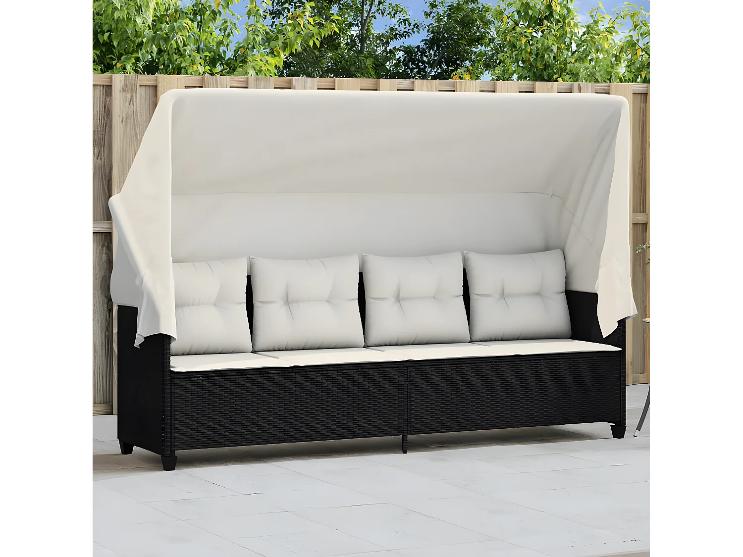 Bain de soleil avec auvent et coussins noir résine tressée FR59131