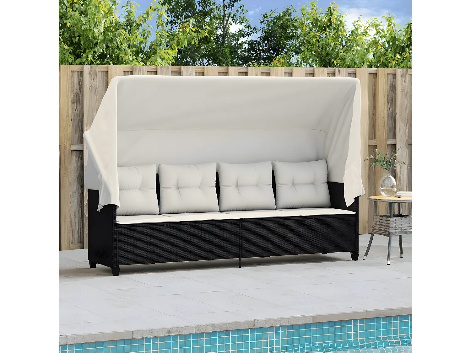 Bain de soleil avec auvent et coussins noir résine tressée FR59131