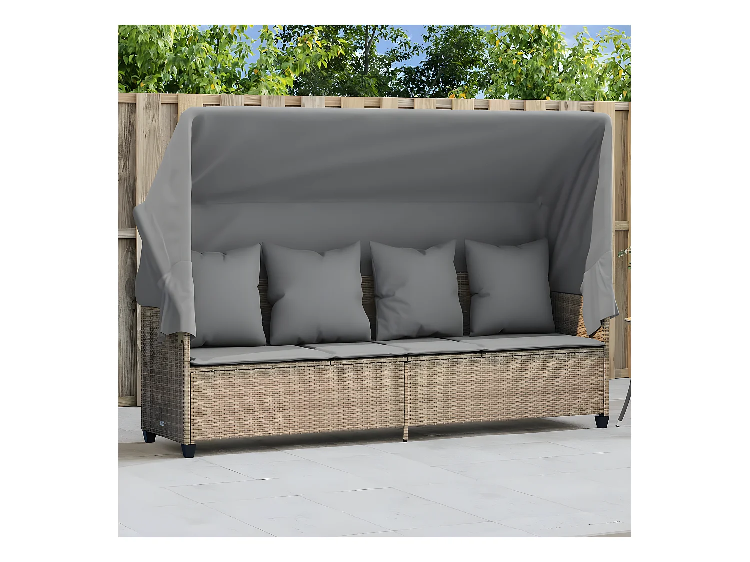 Bain de soleil avec auvent et coussins beige résine tressée FR78440