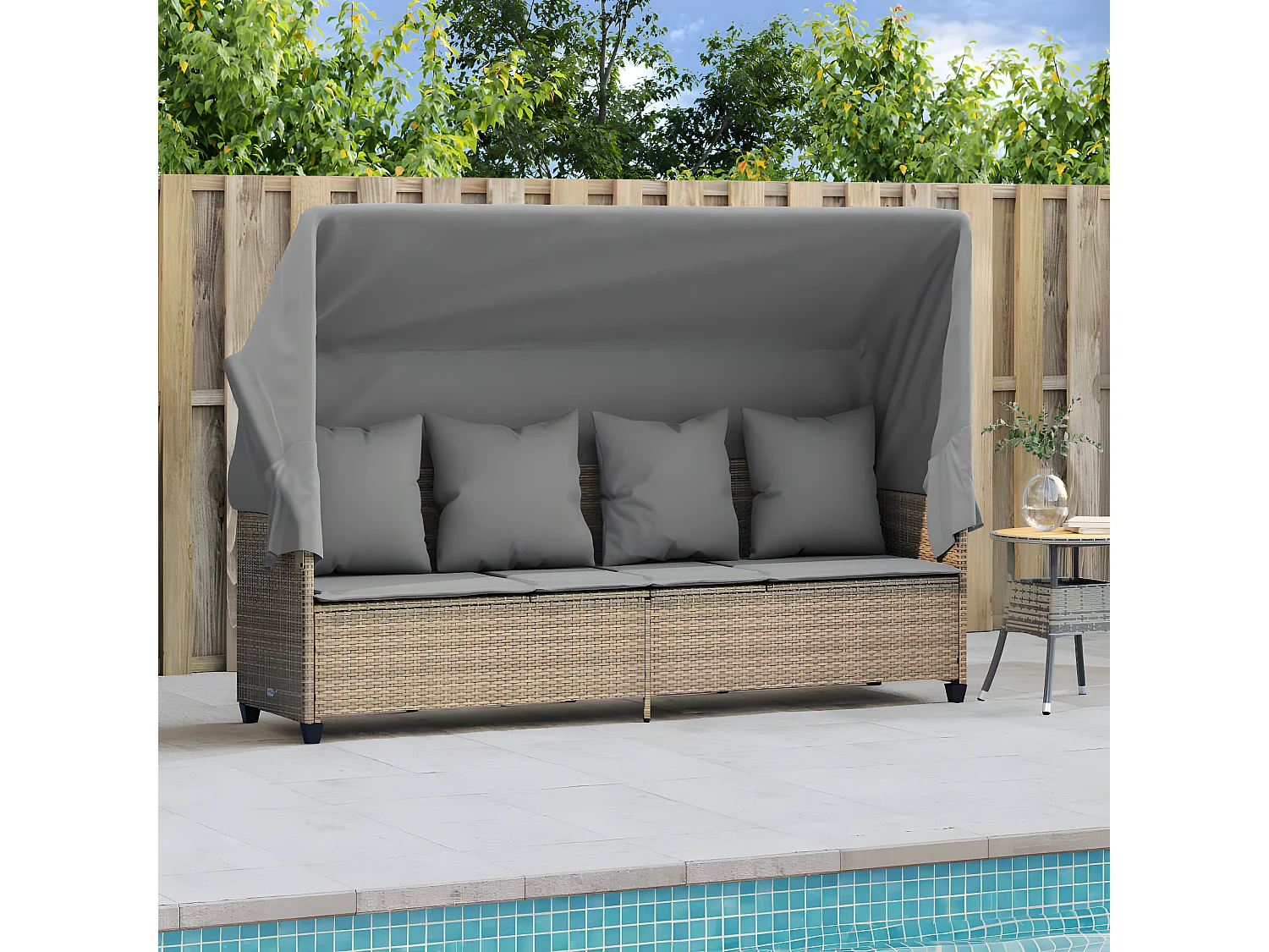 Ligbed met luifel en kussen poly rattan beige BE334184