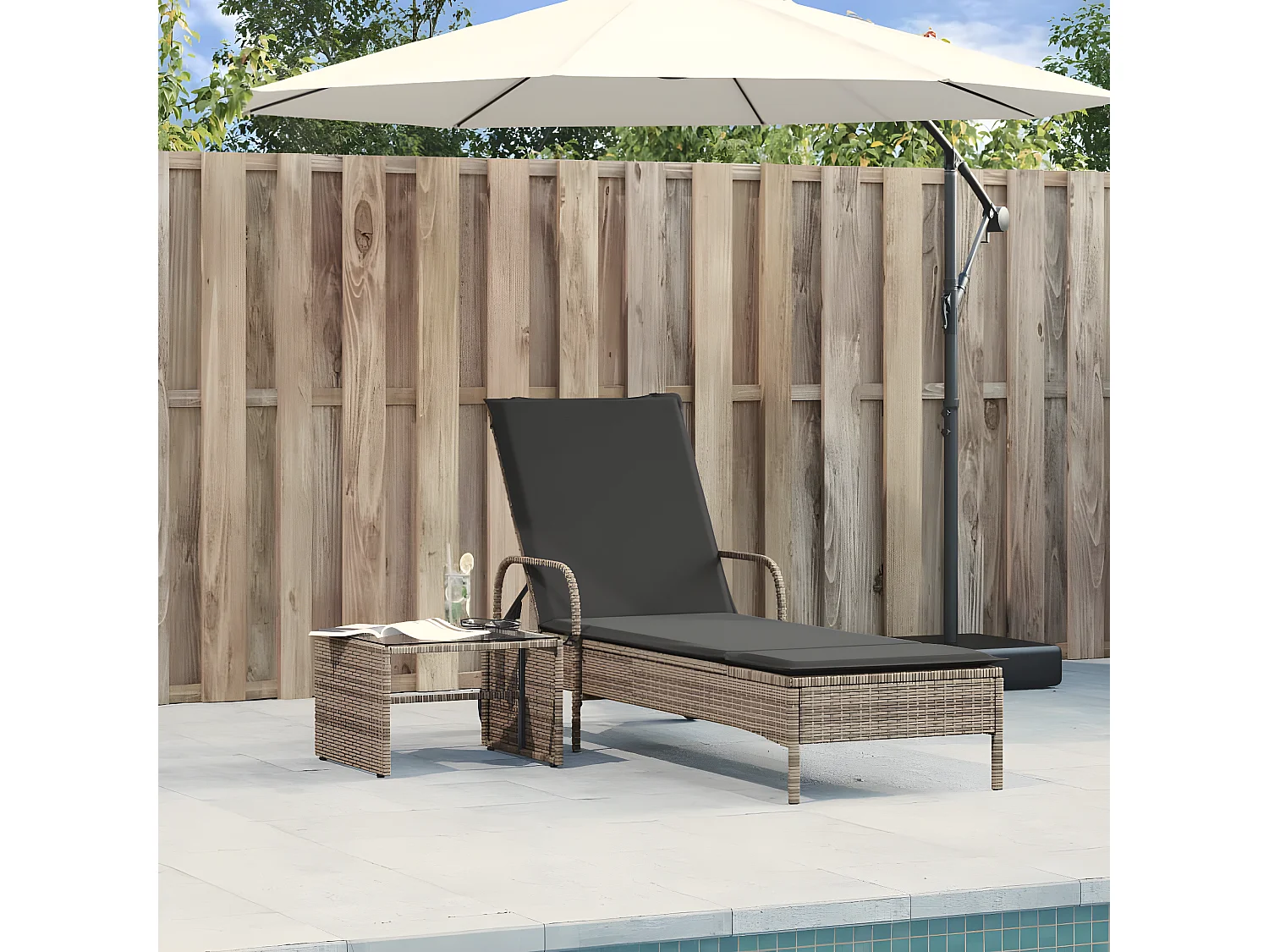 Bain de soleil avec roues et coussin gris résine tressée FR97578