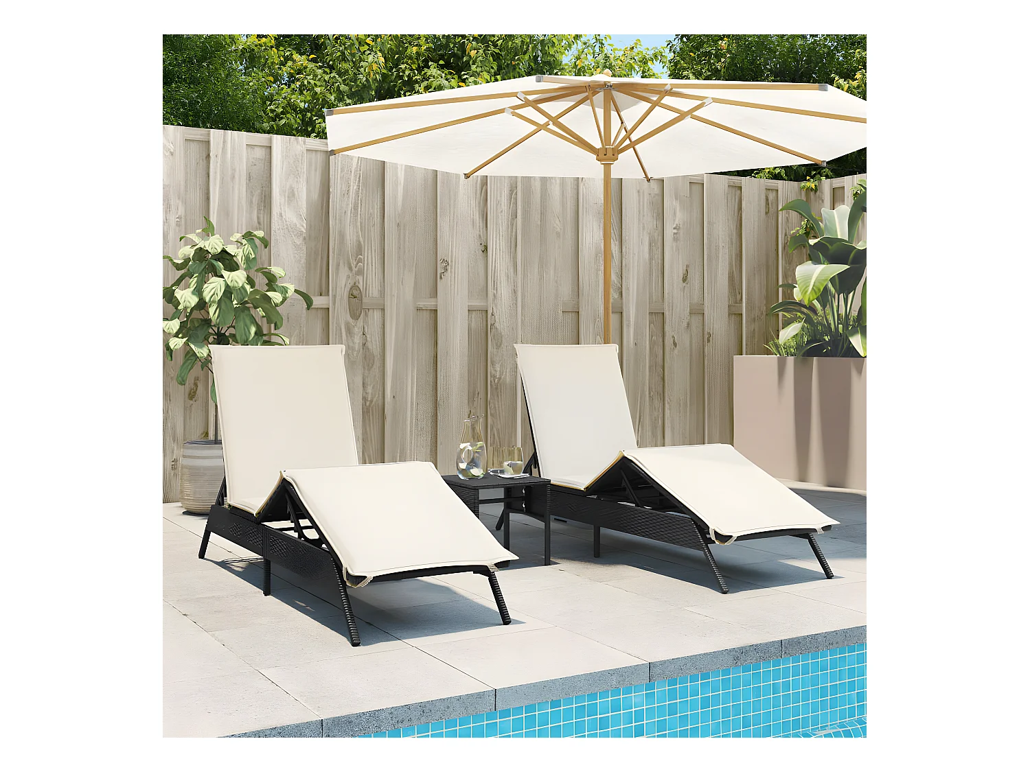 Lot de 2 Bains de soleil avec table noir résine tressée FR18254