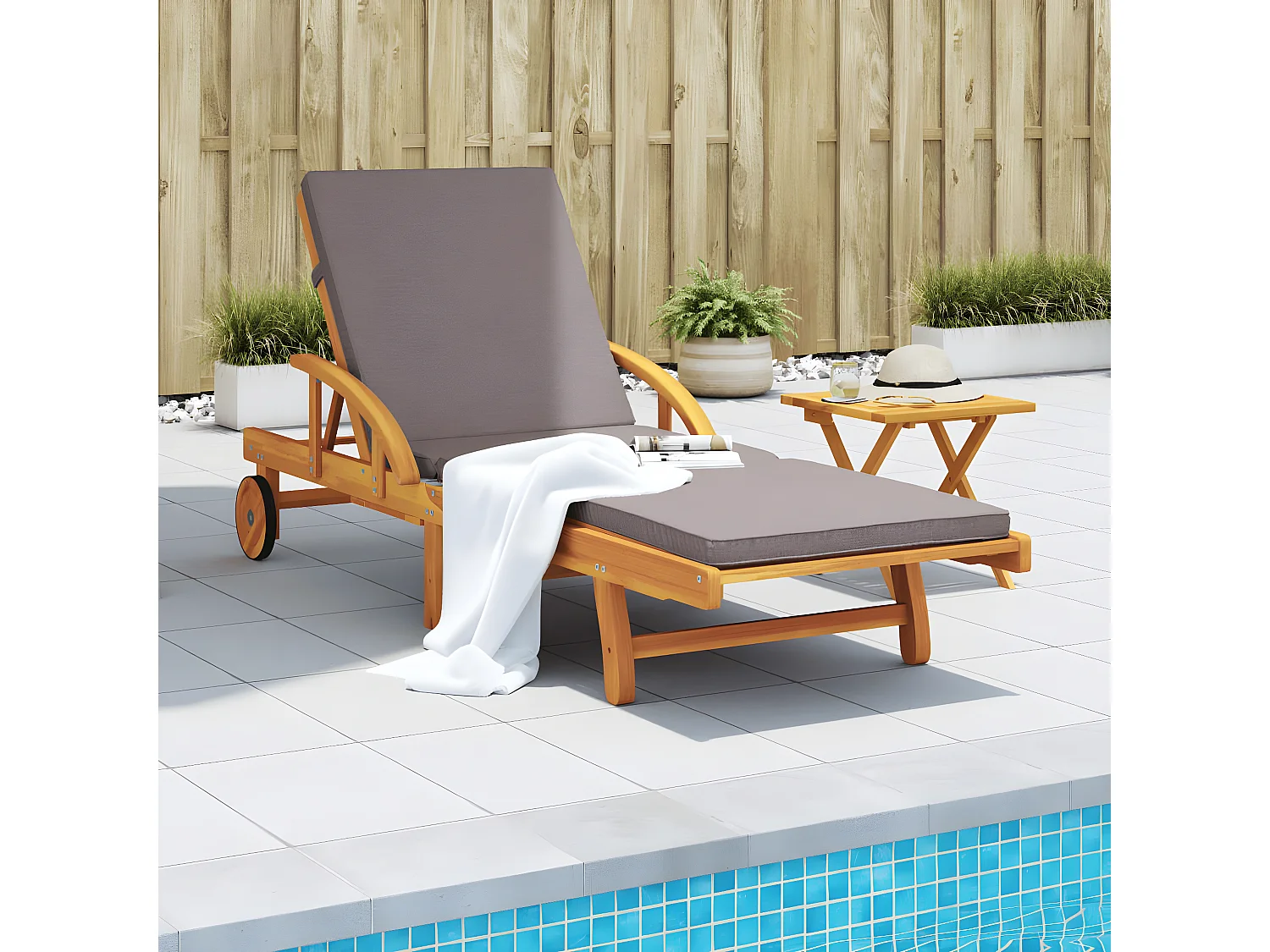 Bain de soleil avec coussin et table bois d'acacia massif FR32906