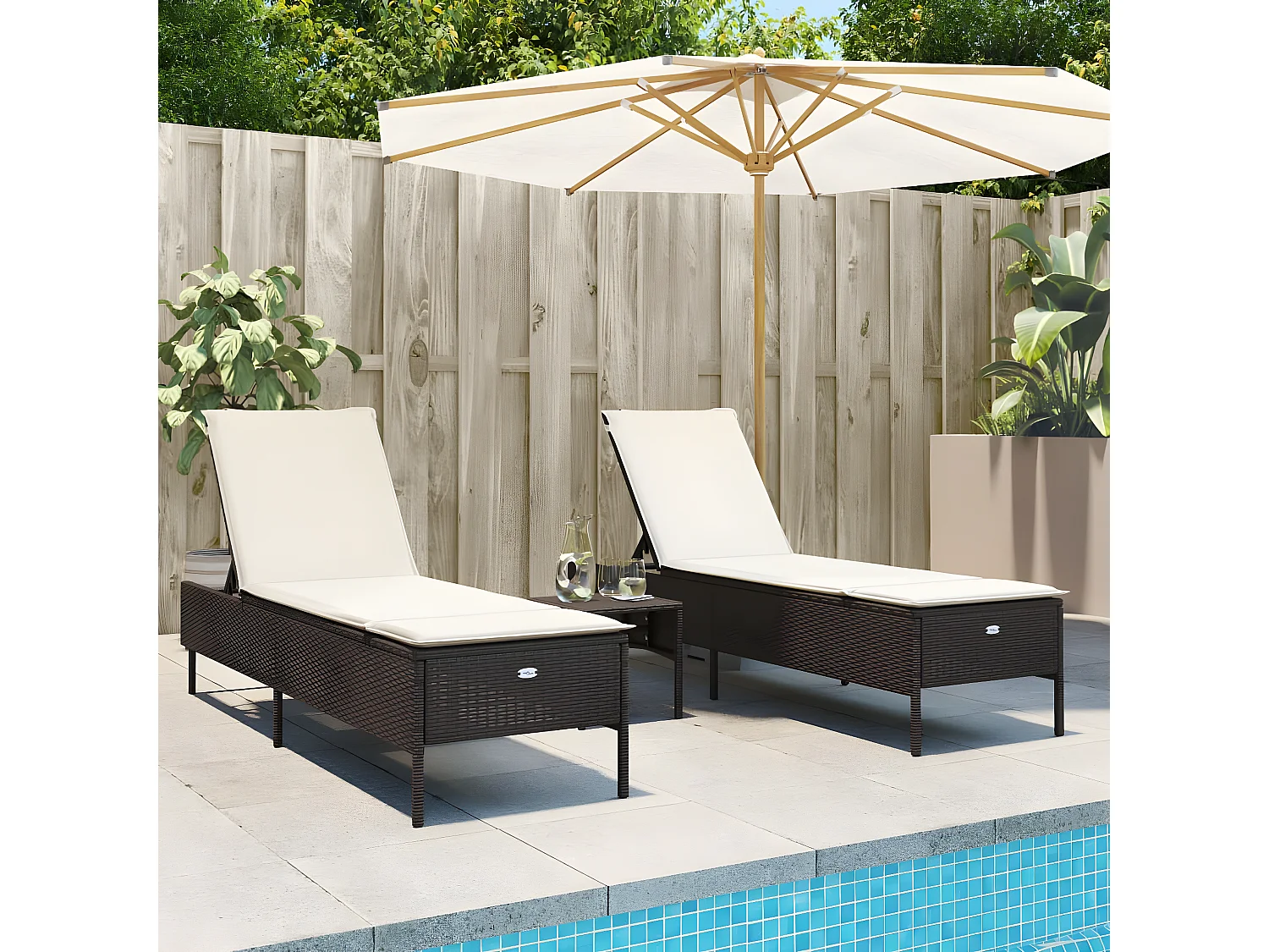 Ligstoelen 2 st met kussens poly rattan bruin BE951033