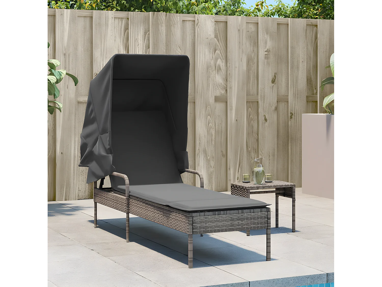 Bain de soleil avec auvent et table gris résine tressée FR94837