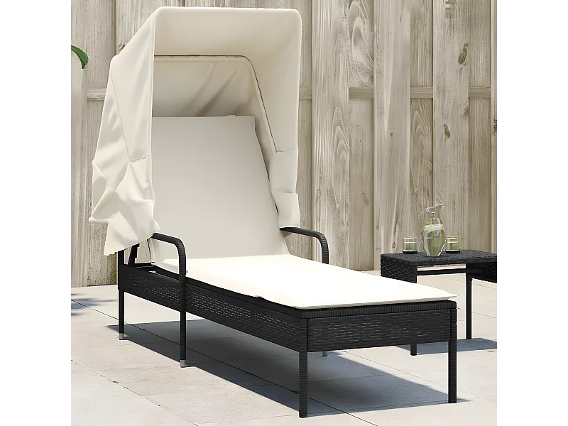 Ligbed met luifel poly rattan zwart BE405494