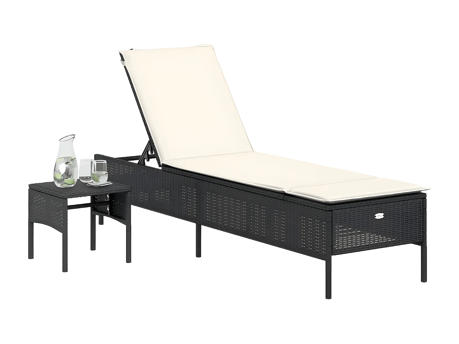 Bain de soleil avec table et coussin noir résine tressée FR37383