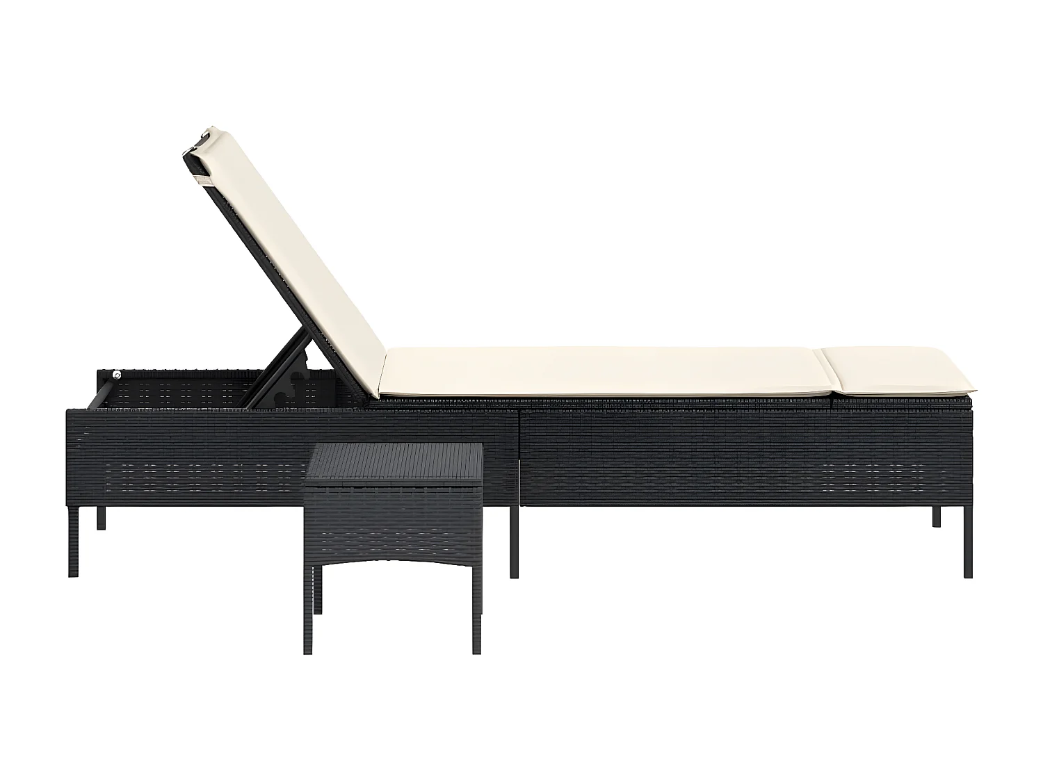 Bain de soleil avec table et coussin noir résine tressée FR37383