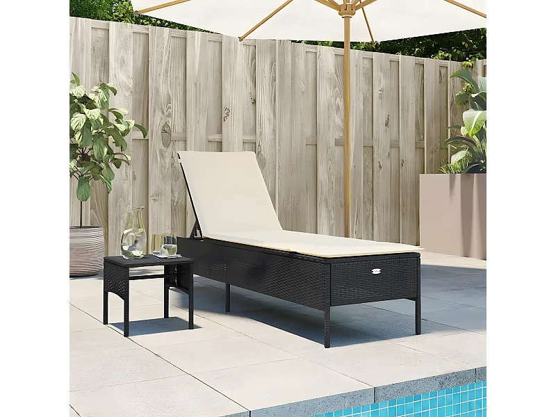 Bain de soleil avec table et coussin noir résine tressée FR37383
