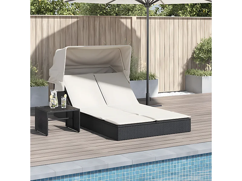 Bain de soleil double et auvent et coussins noir résine tressée FR46972