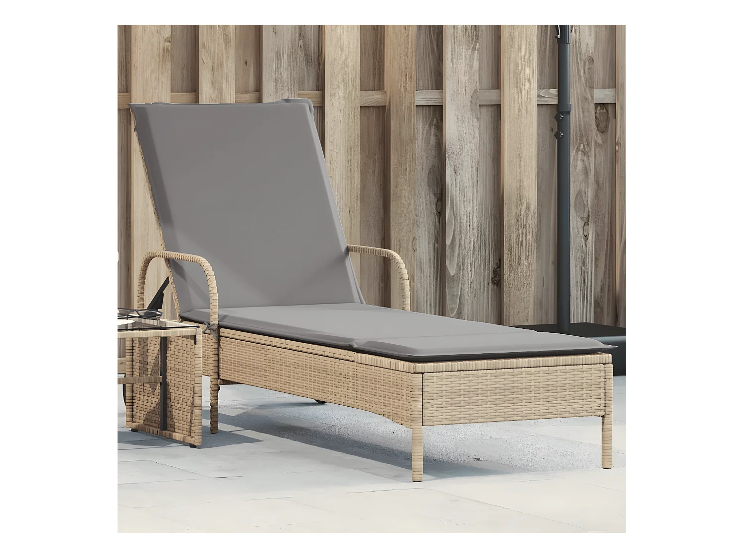 Bain de soleil avec roues et coussin beige résine tressée FR46859