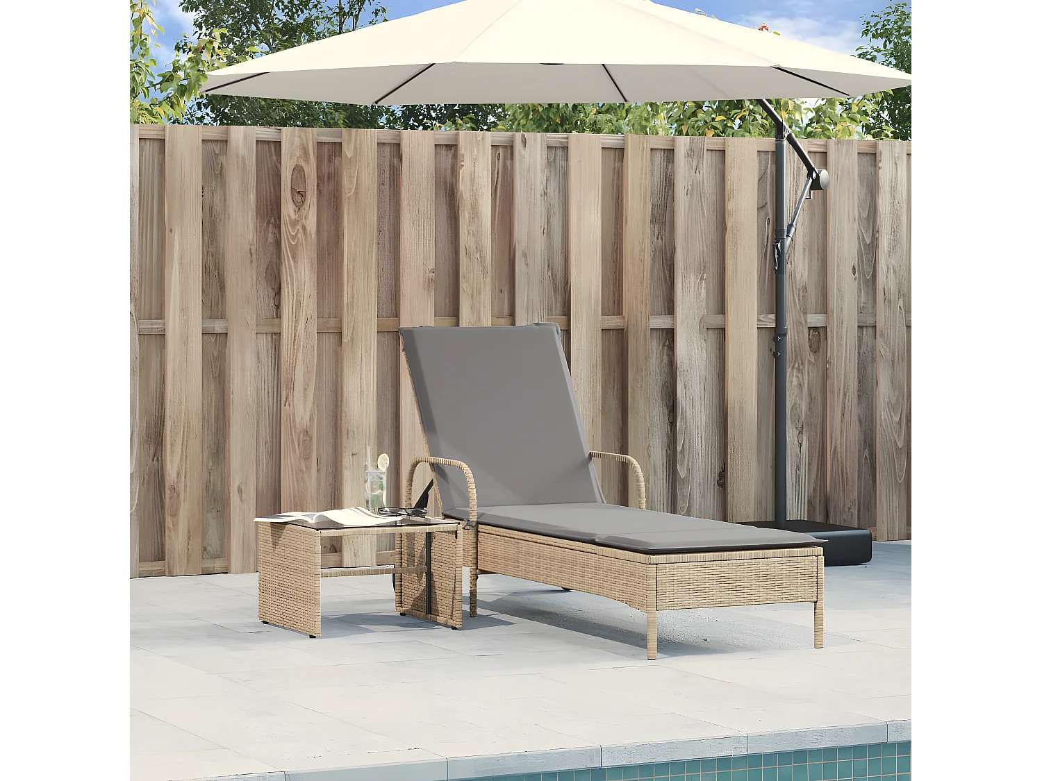 Ligbed met wielen en kussen poly rattan beige BE151923