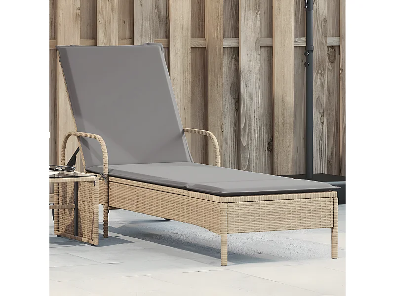 Ligbed met wielen en kussen poly rattan beige BE151923