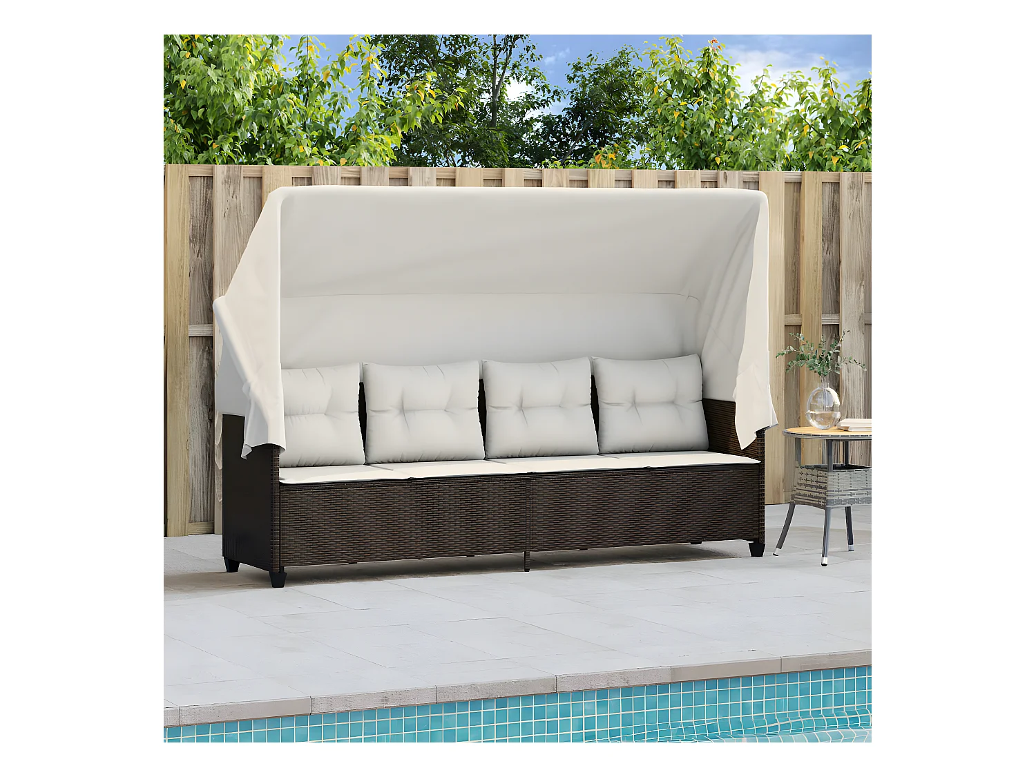 Bain de soleil avec auvent et coussins marron résine tressée FR32647