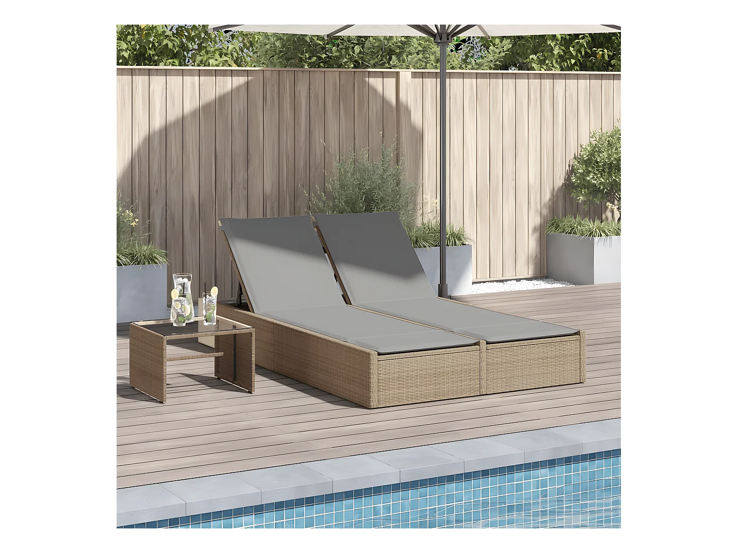 Bain de soleil double avec coussins beige résine tressée FR62547