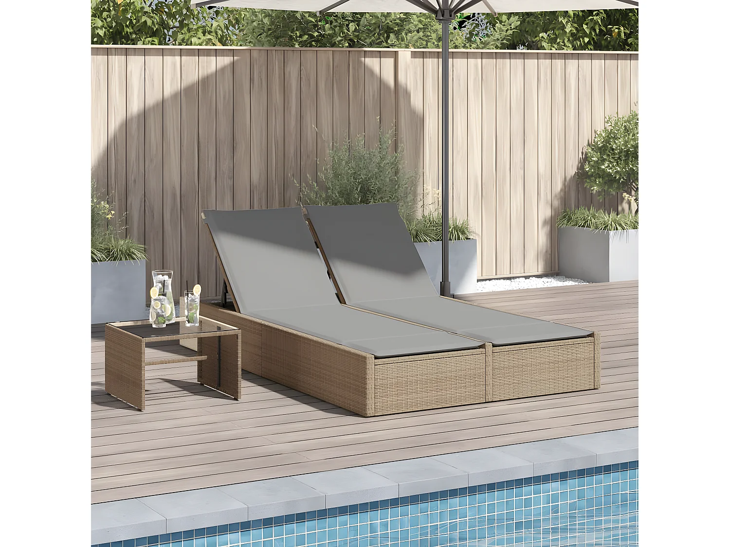 Ligbed 2-persoons met kussens poly rattan beige BE330207