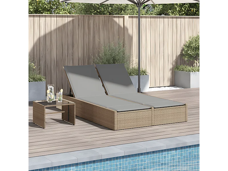 Bain de soleil double avec coussins beige résine tressée FR62547